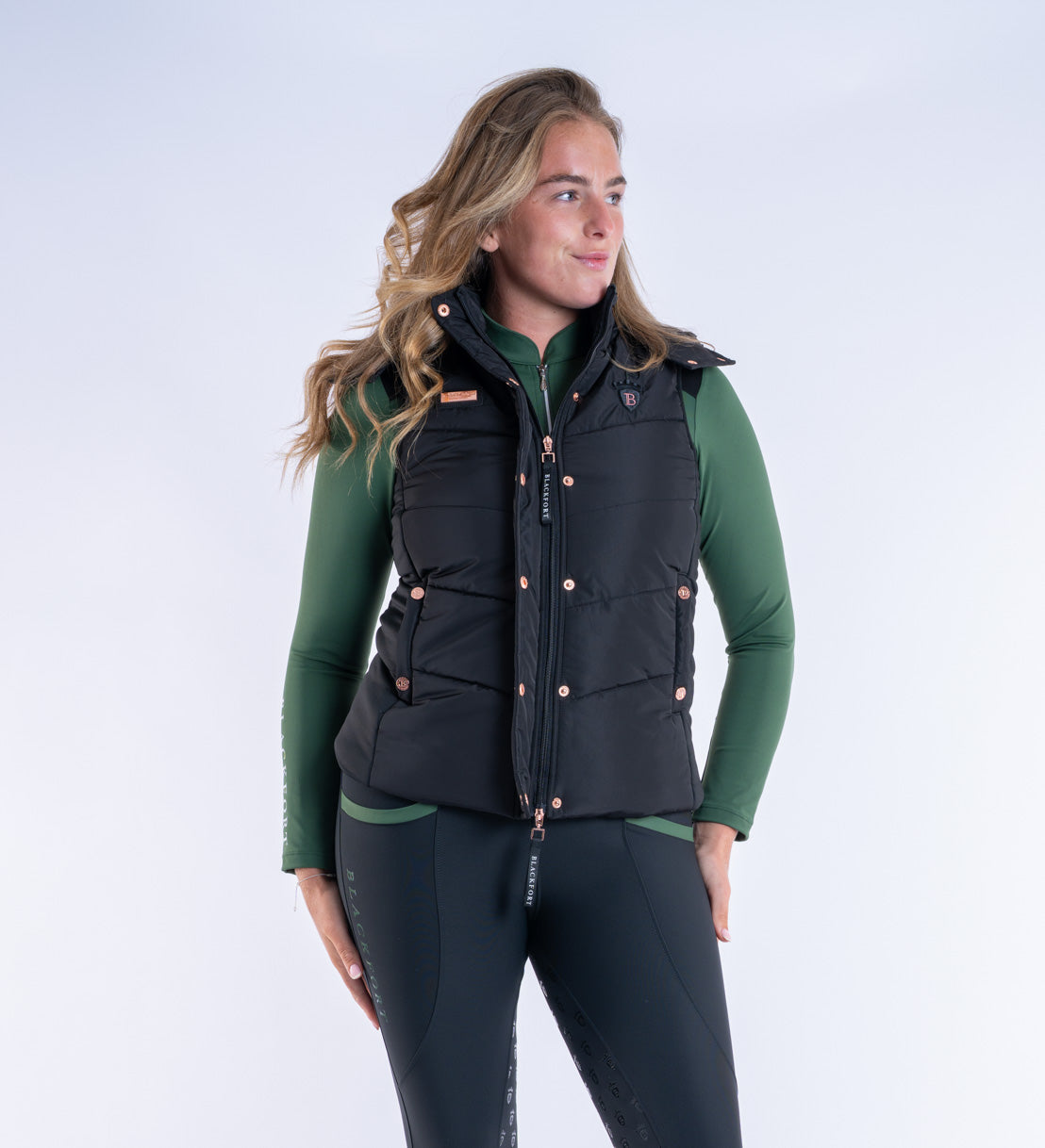 Blackfort Equestrian womens black rose gold Amara gilet two way zip hood