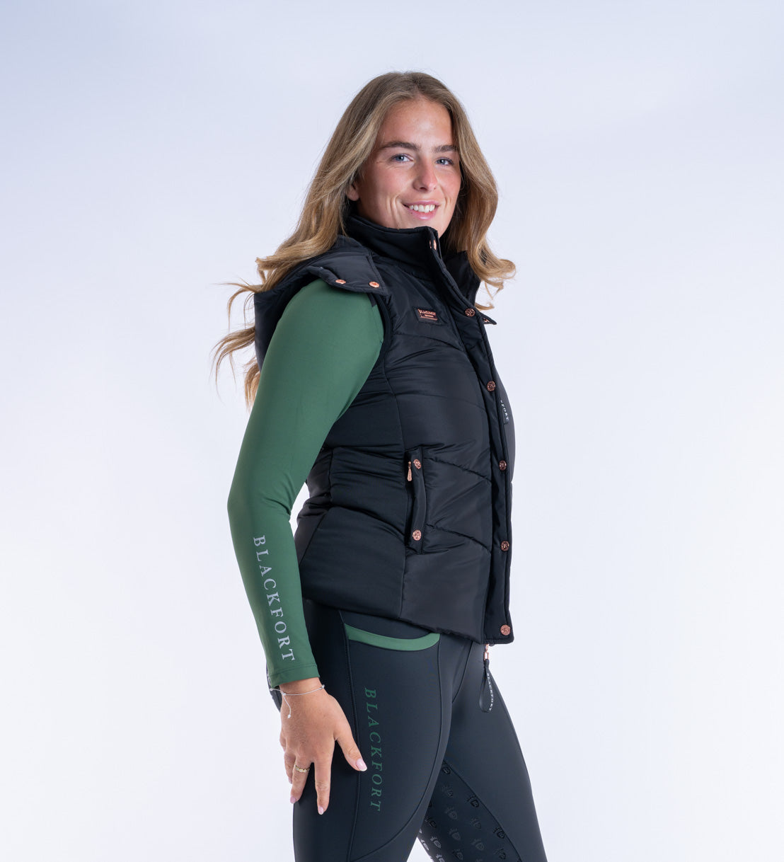Blackfort Equestrian womens black rose gold Amara gilet two way zip hood