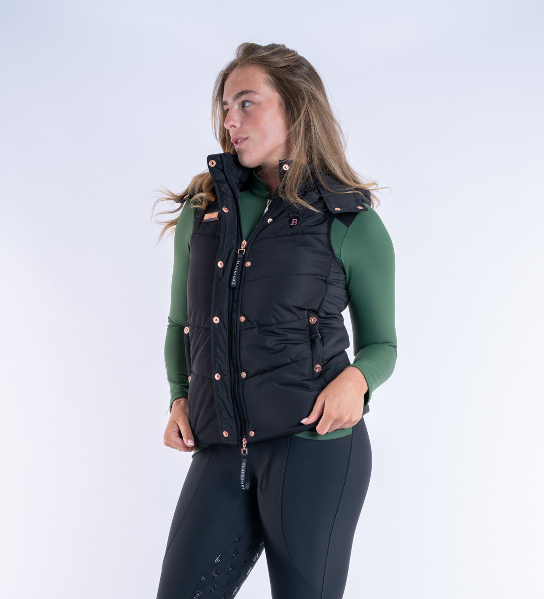 Blackfort Equestrian womens black rose gold Amara gilet two way zip hood