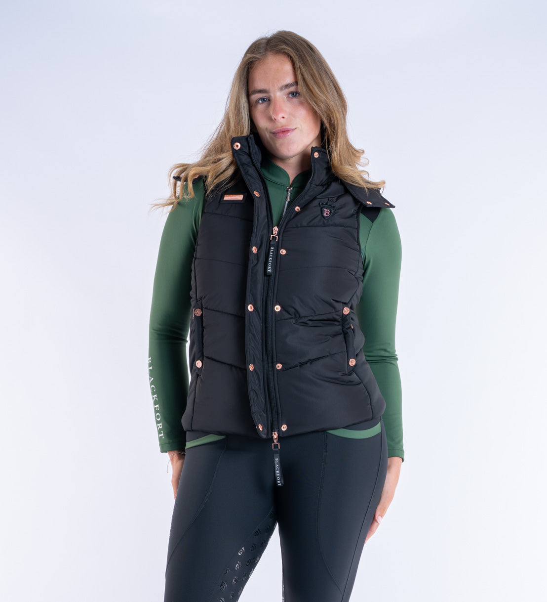 Blackfort Equestrian womens black rose gold Amara gilet two way zip hood