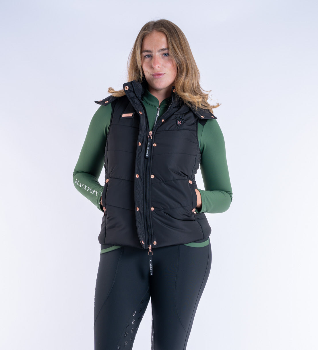 Blackfort Equestrian womens black rose gold Amara gilet two way zip hood