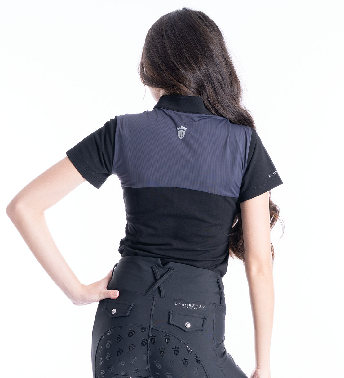 Blackfort Equestrian black grey silver buttons polo shirt t-shirt