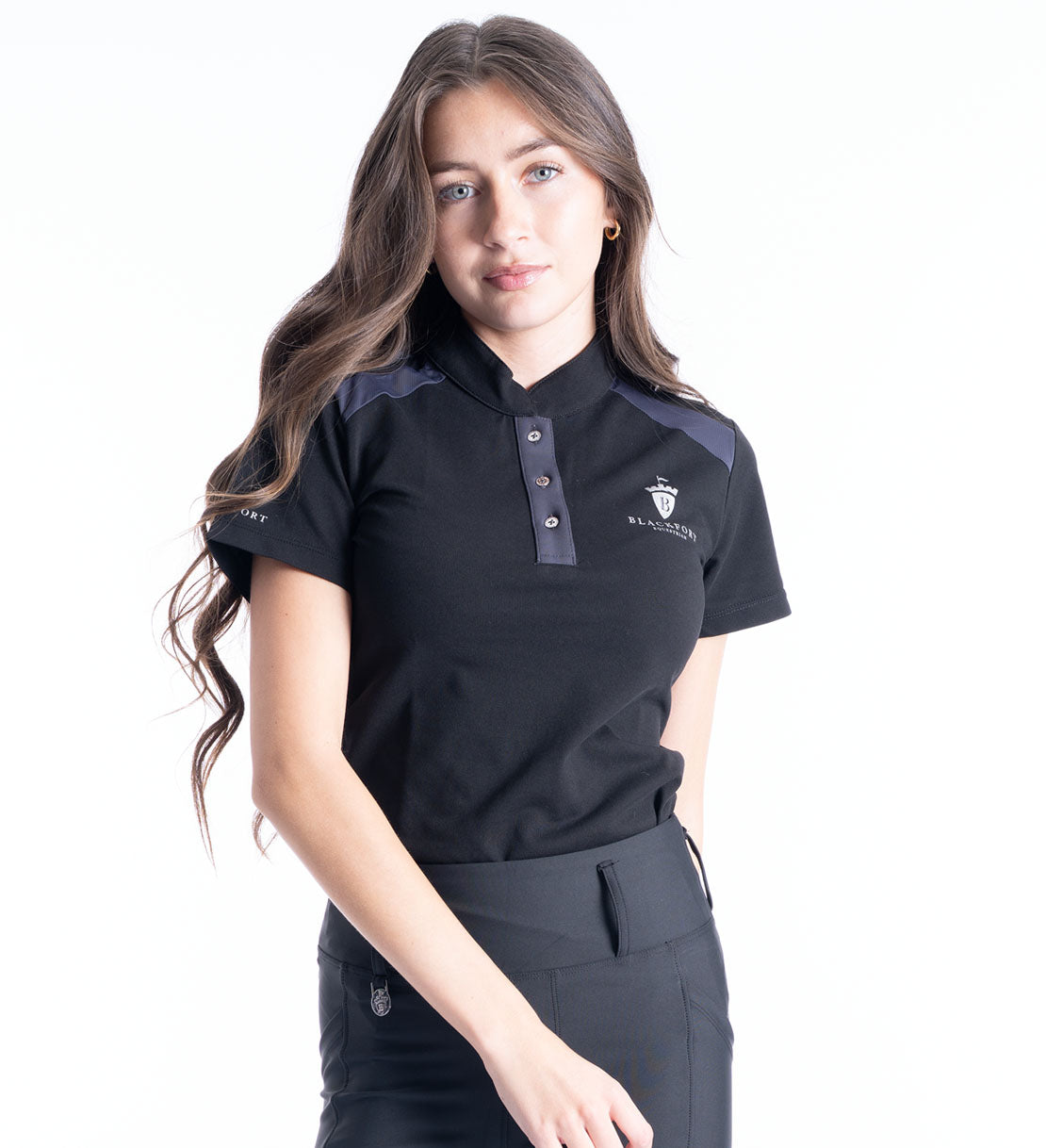 Blackfort Equestrian black grey silver buttons polo shirt t-shirt