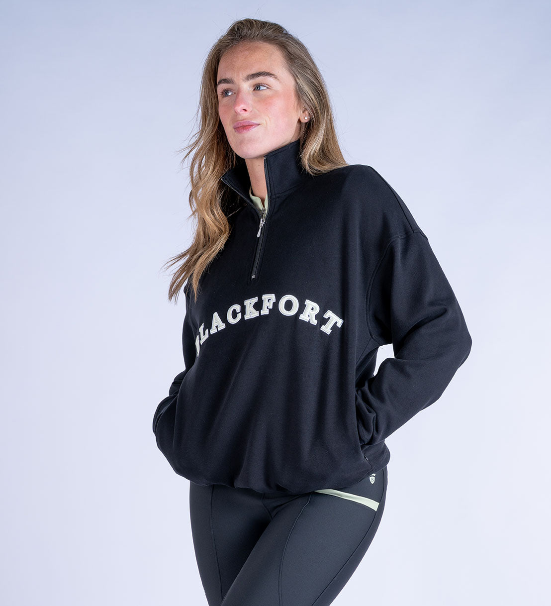 Blackfort Equestrian fleece lined quarter zip black and matcha green discreet zip pockets