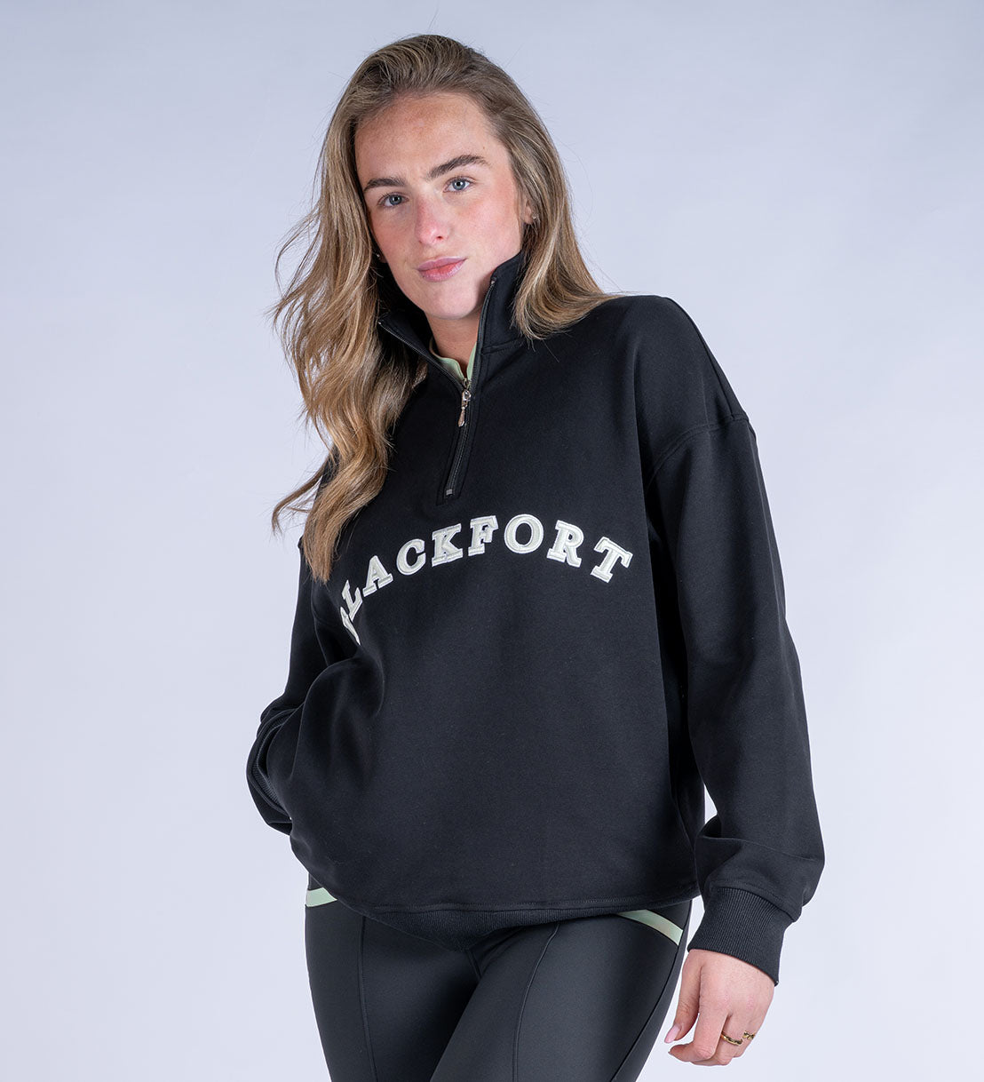 Blackfort Equestrian fleece lined quarter zip black and matcha green discreet zip pockets
