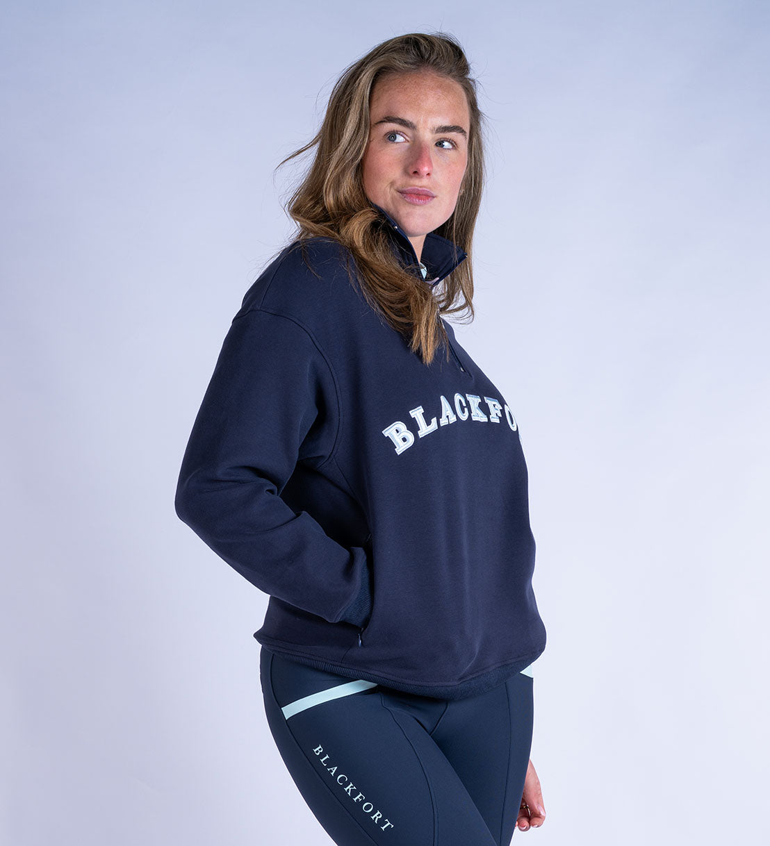 Blackfort Equestrian fleece lined quarter zip navy and sky blue discreet zip pockets