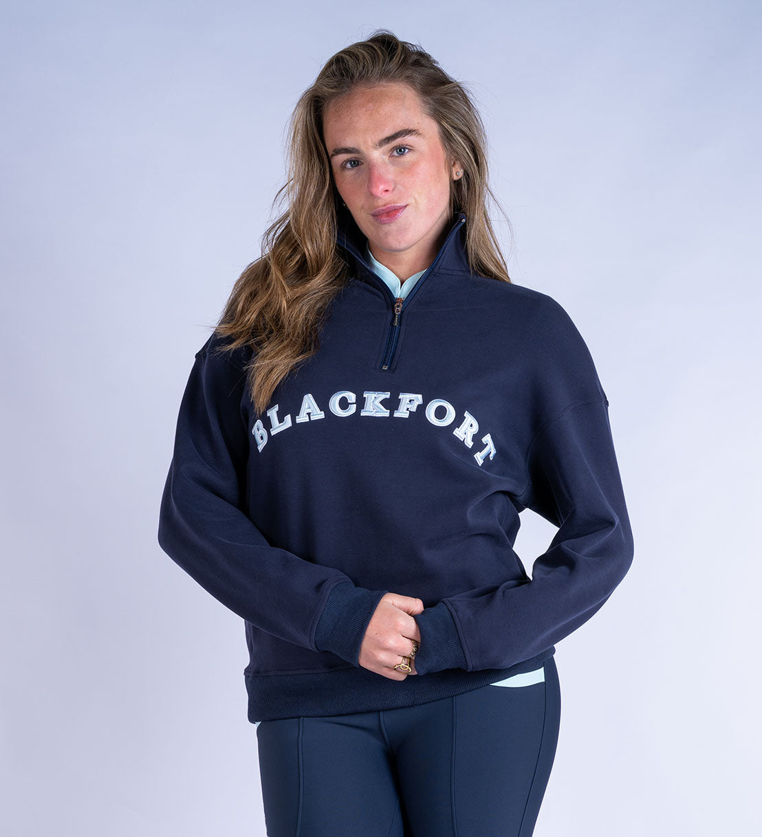 Blackfort Equestrian fleece lined quarter zip navy and sky blue discreet zip pockets