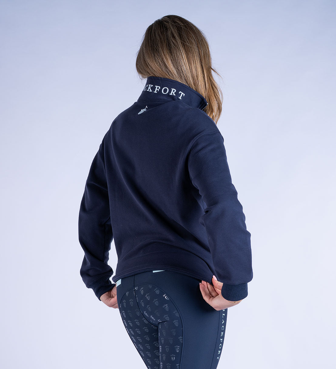 Blackfort Equestrian fleece lined quarter zip navy and sky blue discreet zip pockets