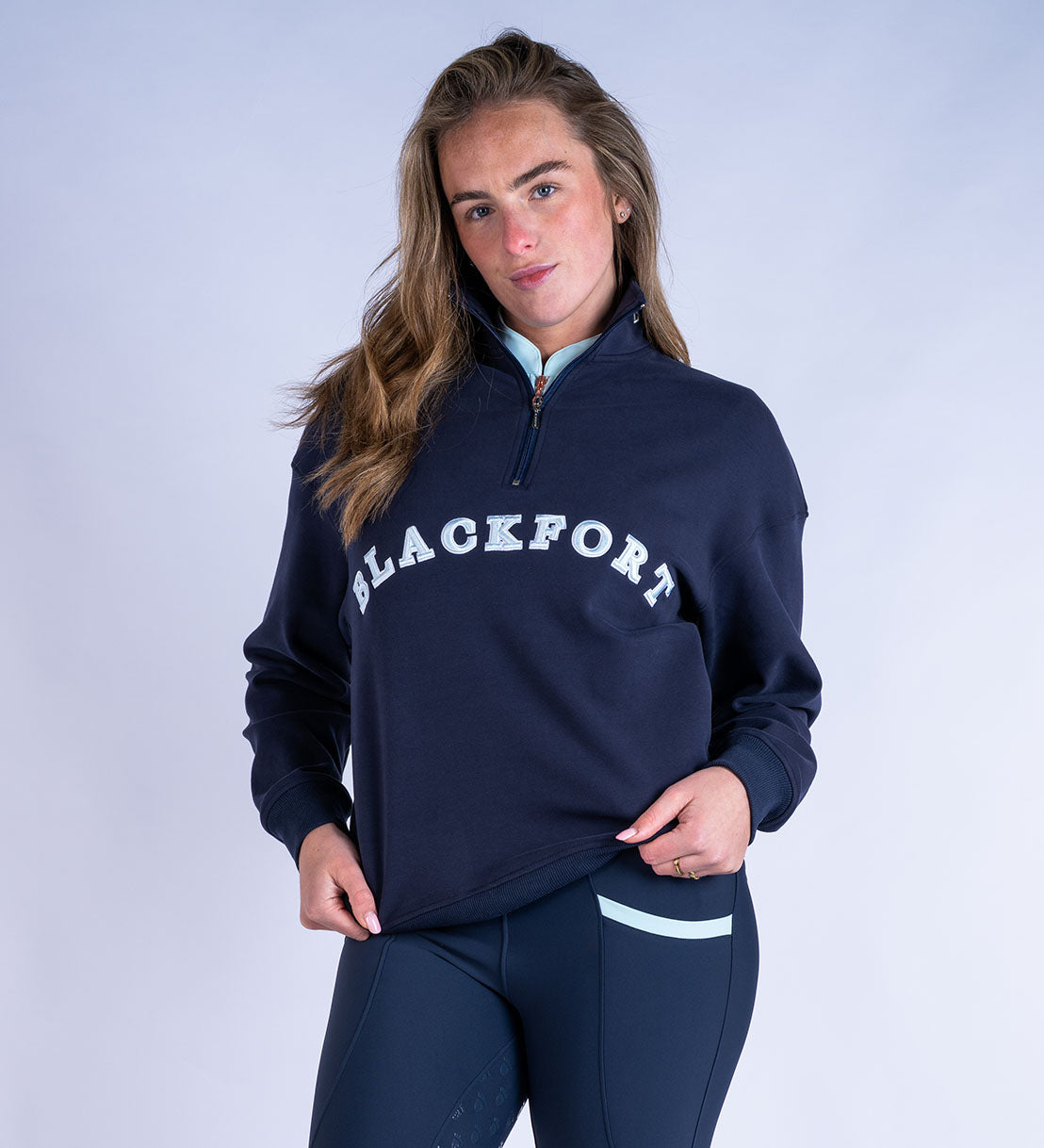 Blackfort Equestrian fleece lined quarter zip navy and sky blue discreet zip pockets