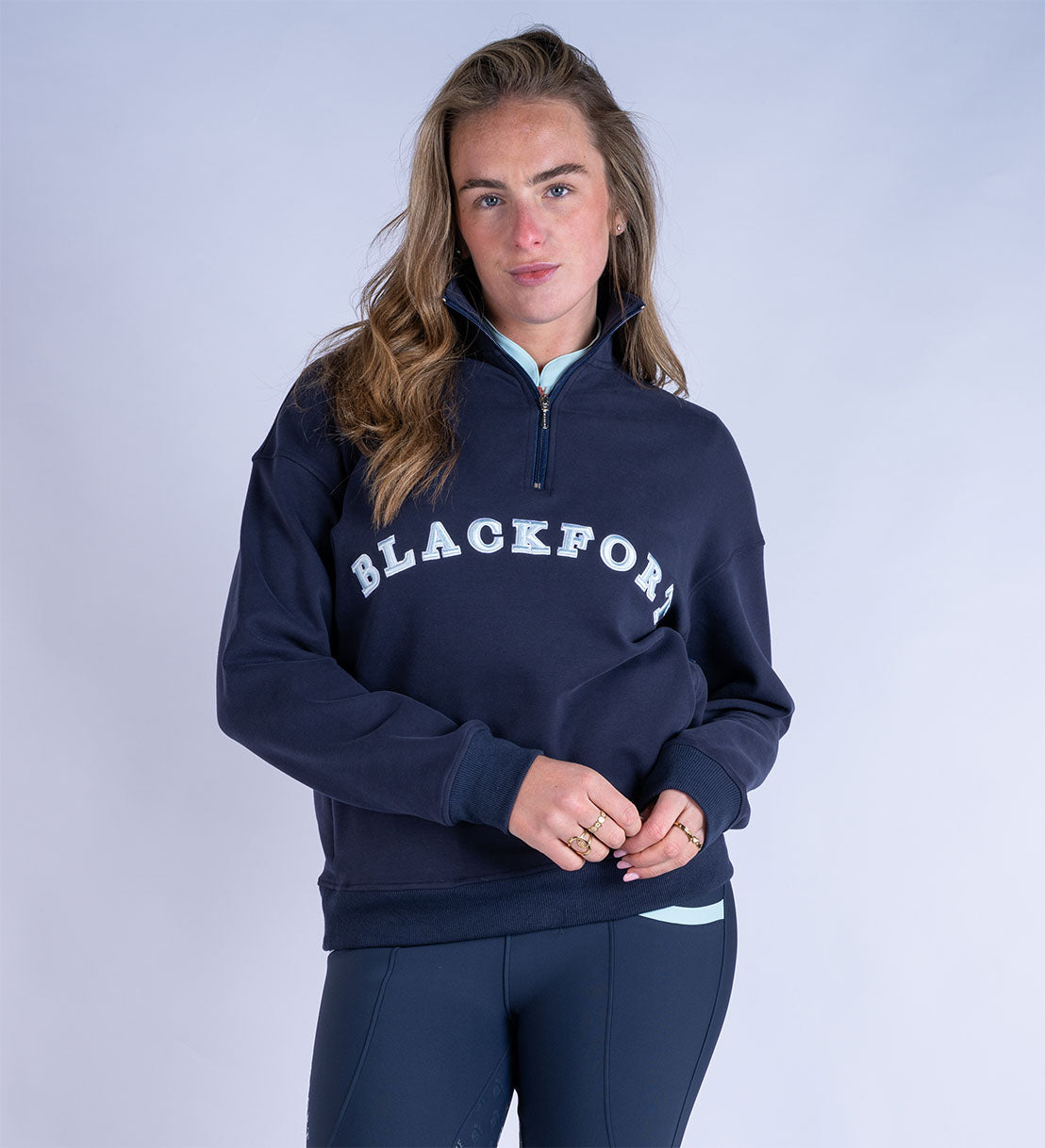 Blackfort Equestrian fleece lined quarter zip navy and sky blue discreet zip pockets