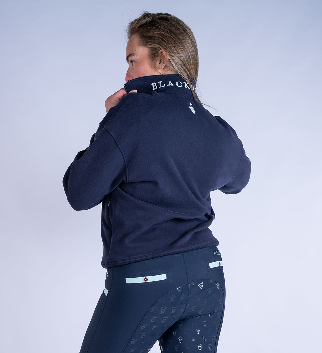 Blackfort Equestrian fleece lined quarter zip navy and sky blue discreet zip pockets