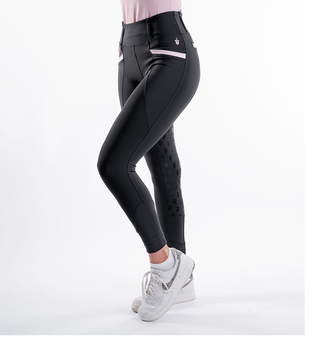 Blackfort Equestrian womens black and blush pink riding tights leggings phone pockets belt loops full silicone seat