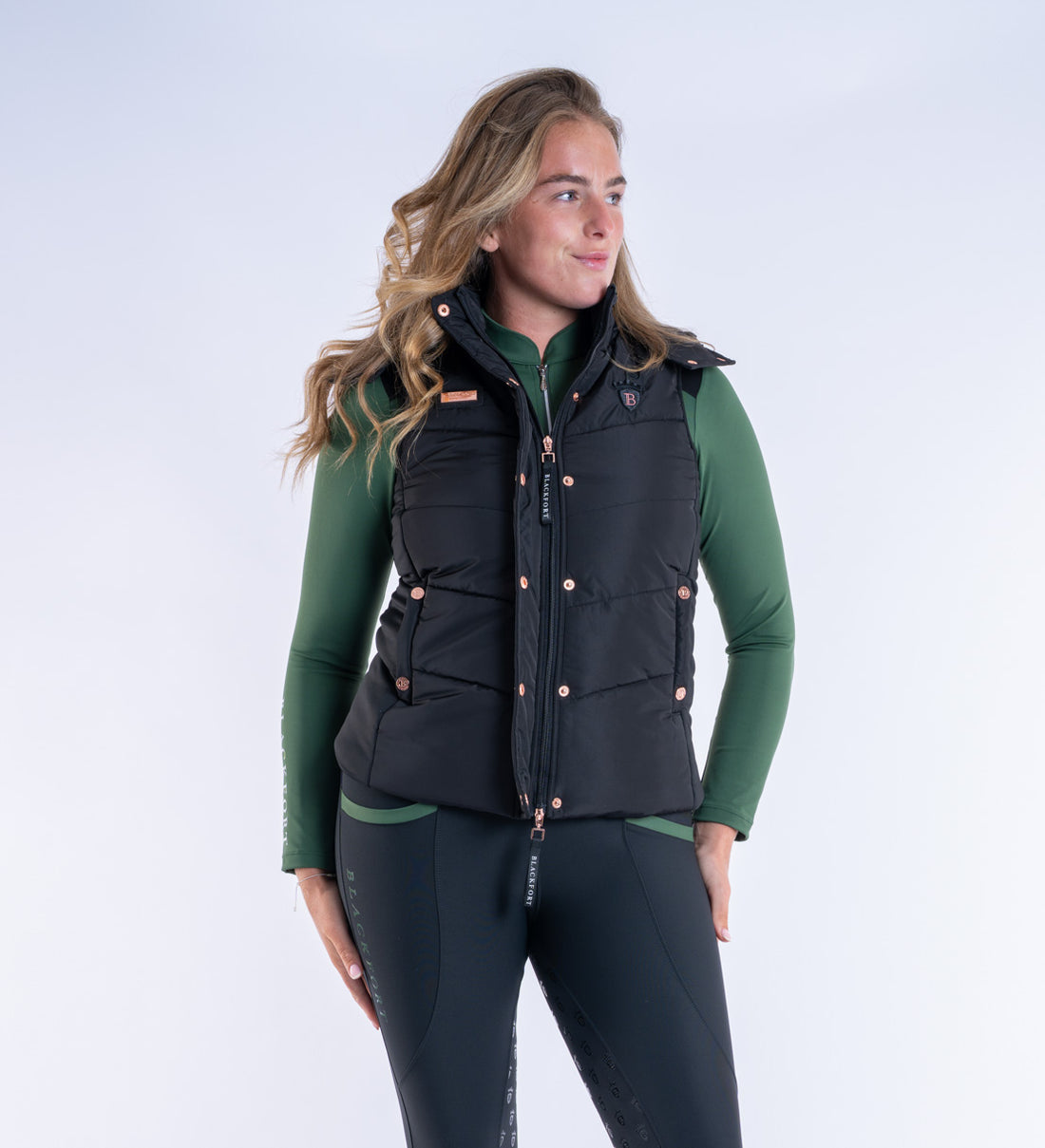 Blackfort Equestrian womens black rose gold Amara gilet two way zip hood