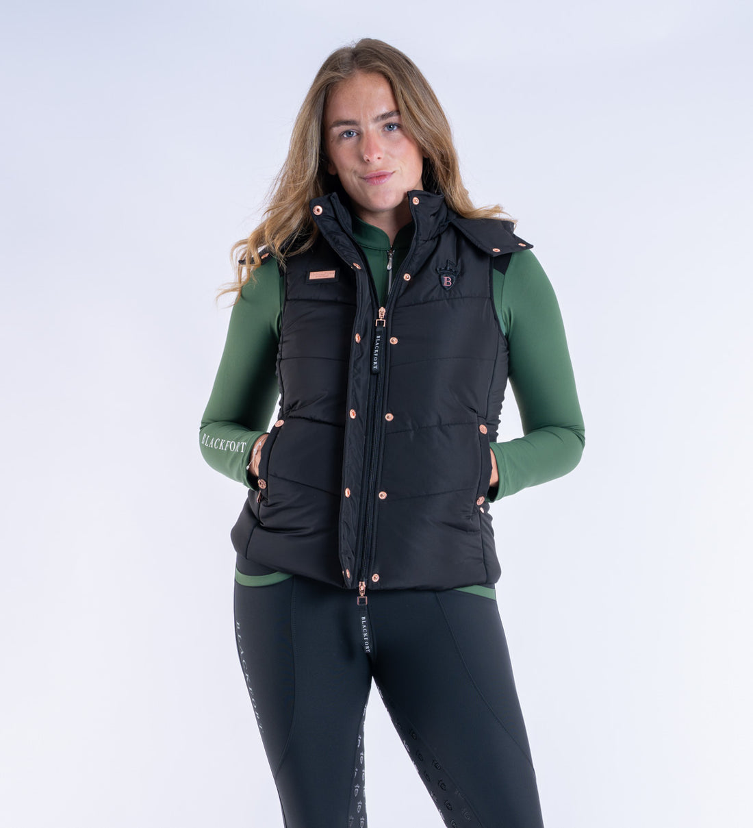 Blackfort Equestrian womens black rose gold Amara gilet two way zip hood