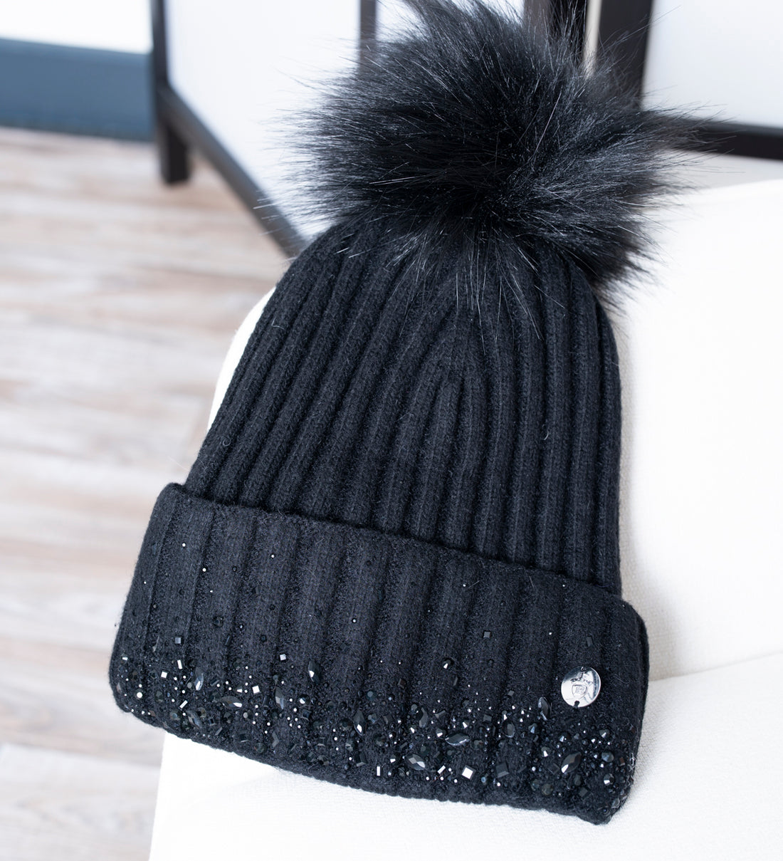 Black Glitter Pom Pom Hat