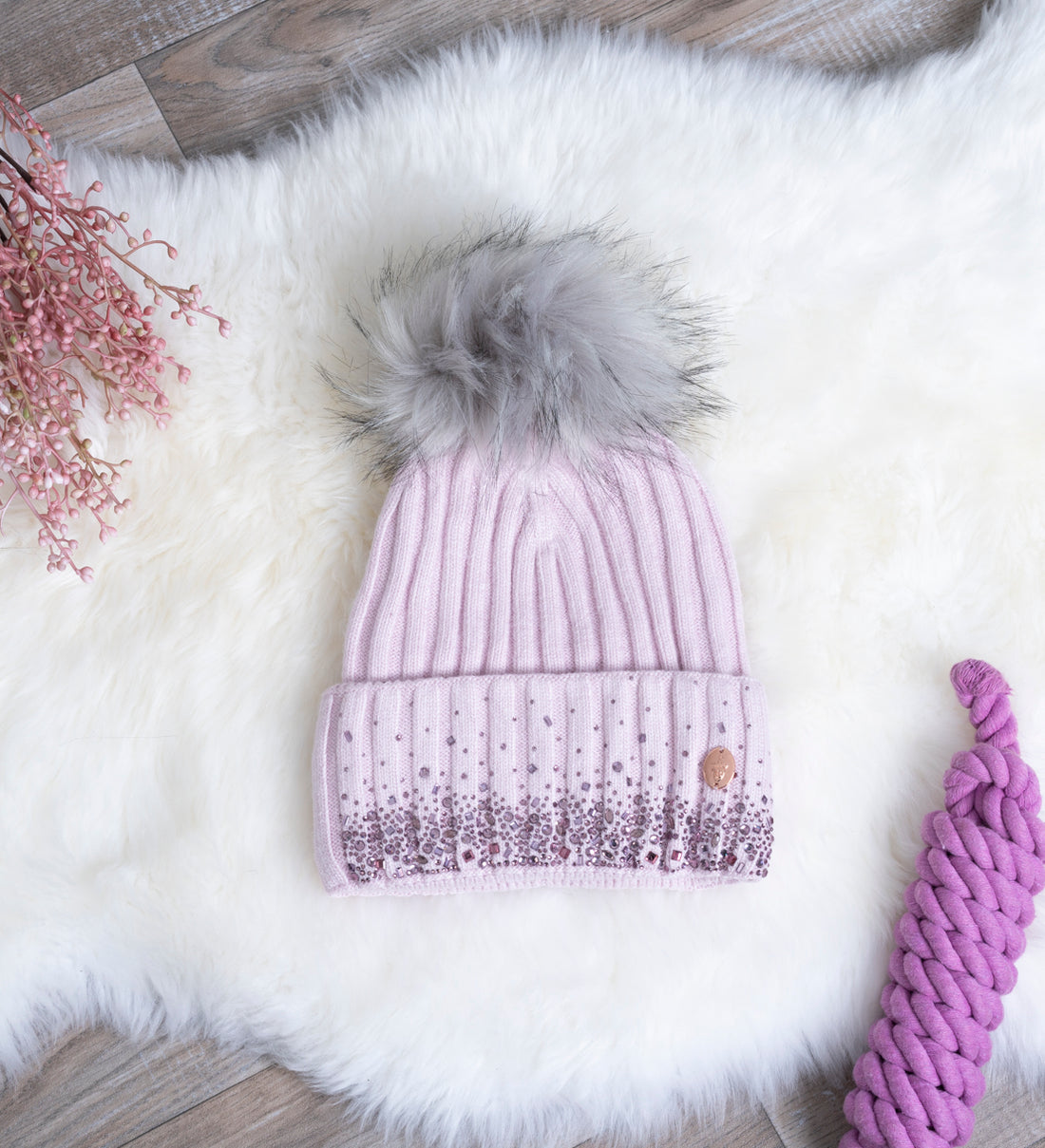 Pink &amp; Grey Glitter Pom Pom Hat
