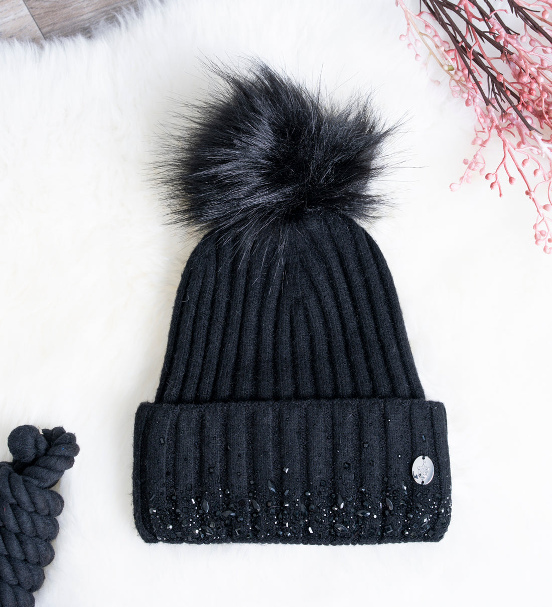 Black Glitter Pom Pom Hat