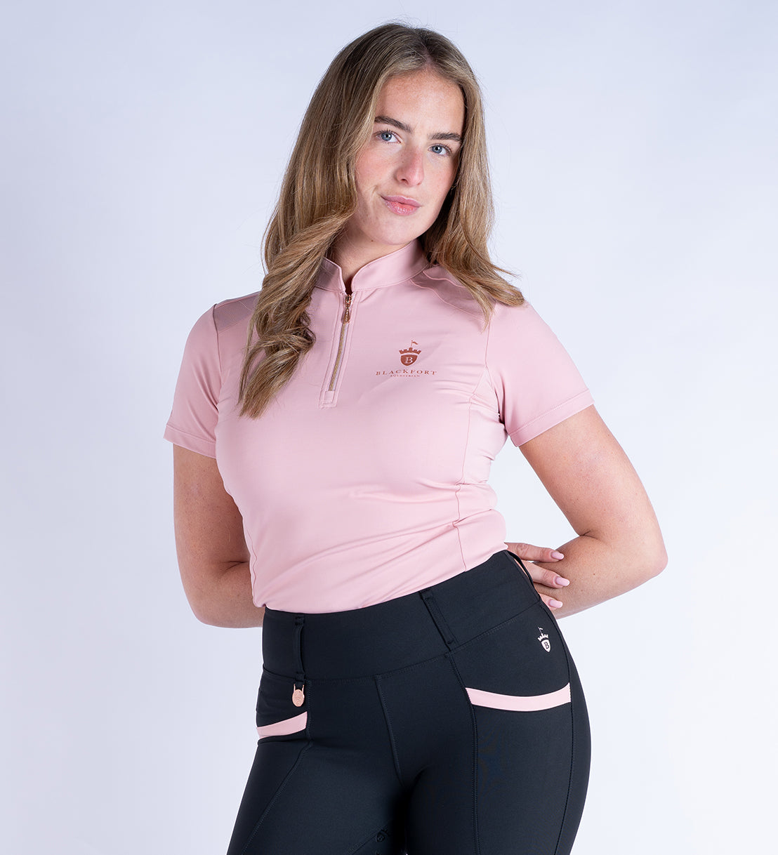 Blackfort Equestrian short sleeve blush pink cool mesh base layer rose gold zip 