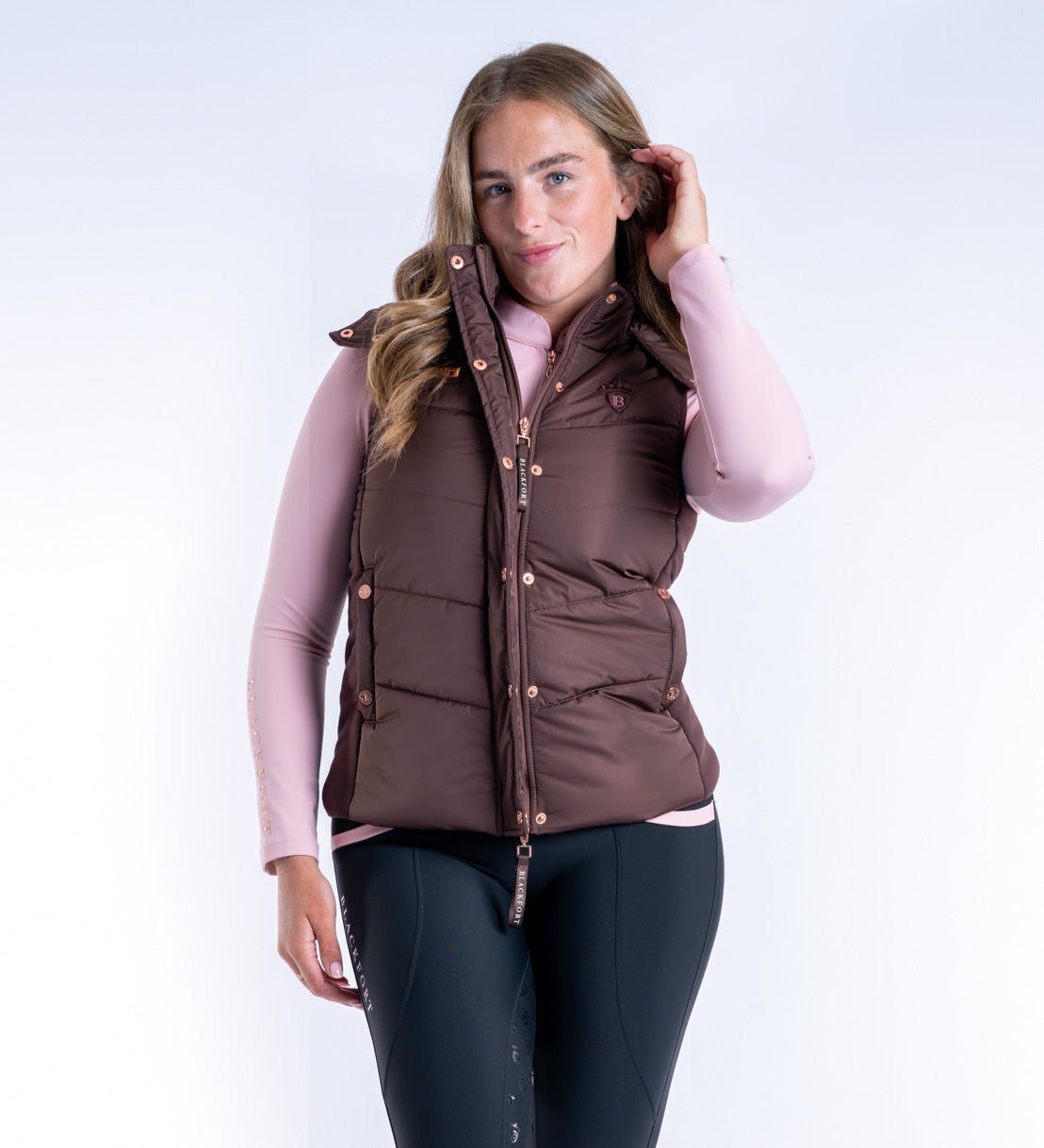 Blackfort Equestrian womens chocolate brown rose gold Amara gilet two way zip hood