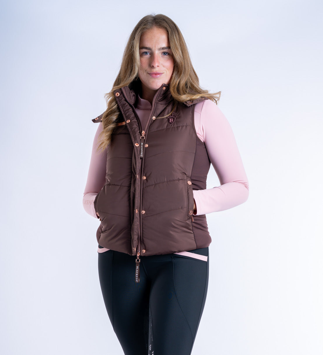Blackfort Equestrian womens chocolate brown rose gold Amara gilet two way zip hood