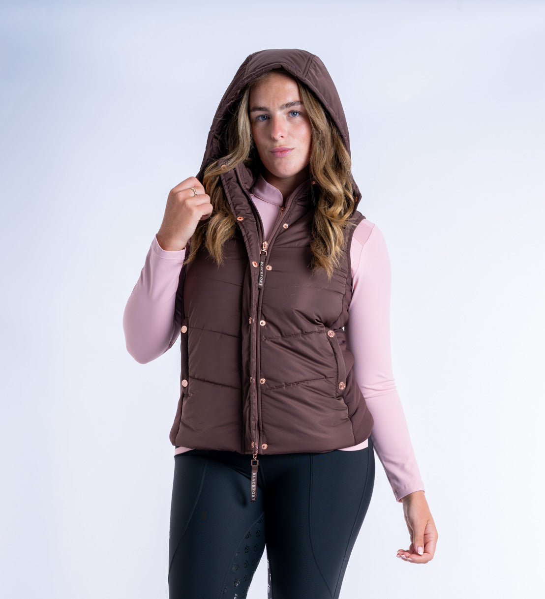 Blackfort Equestrian womens chocolate brown rose gold Amara gilet two way zip hood
