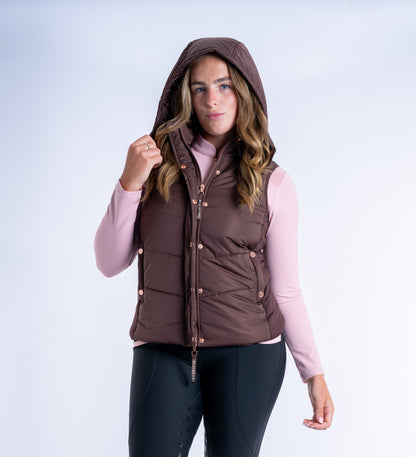 Blackfort Equestrian womens chocolate brown rose gold Amara gilet two way zip hood