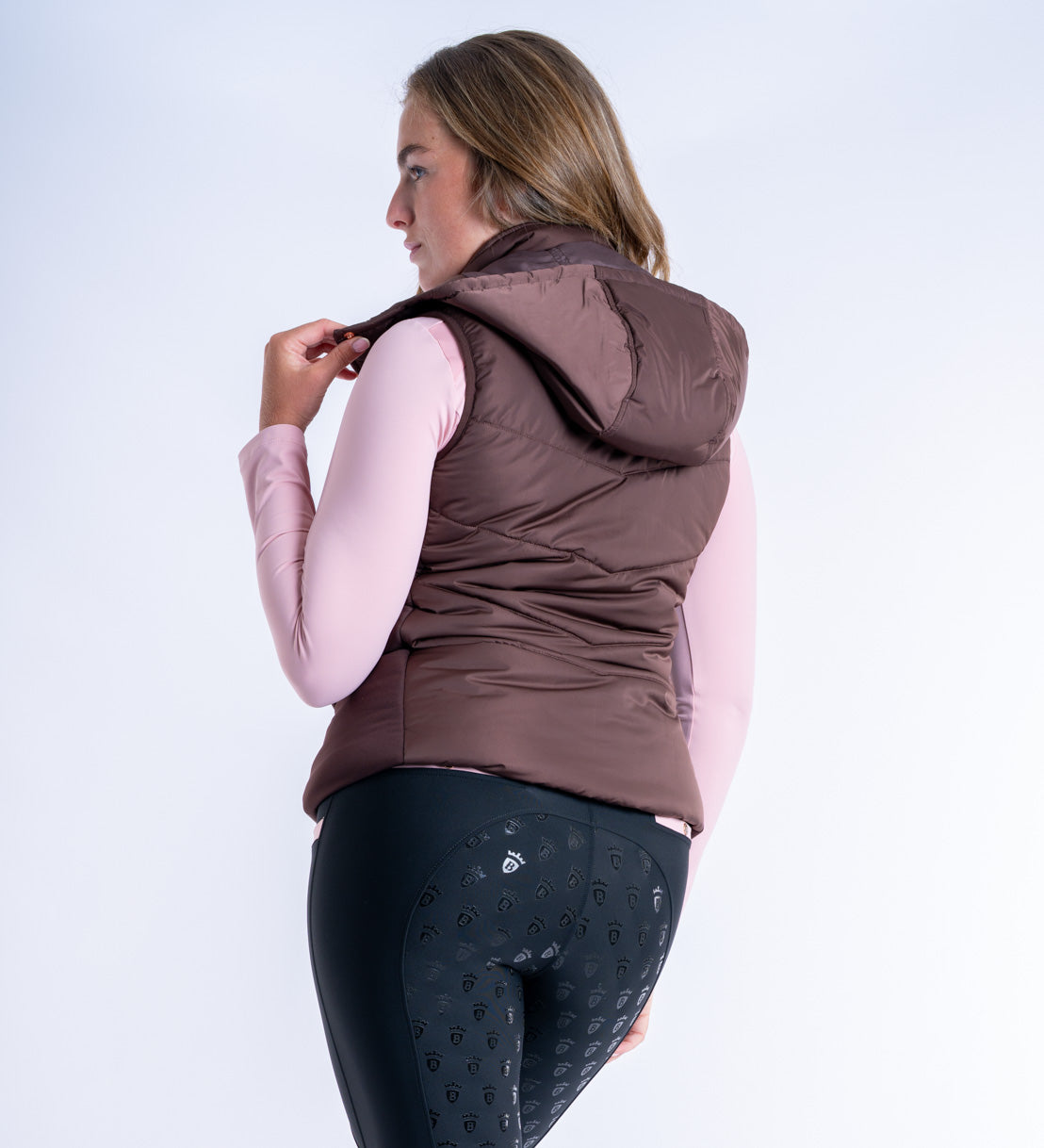 Blackfort Equestrian womens chocolate brown rose gold Amara gilet two way zip hood