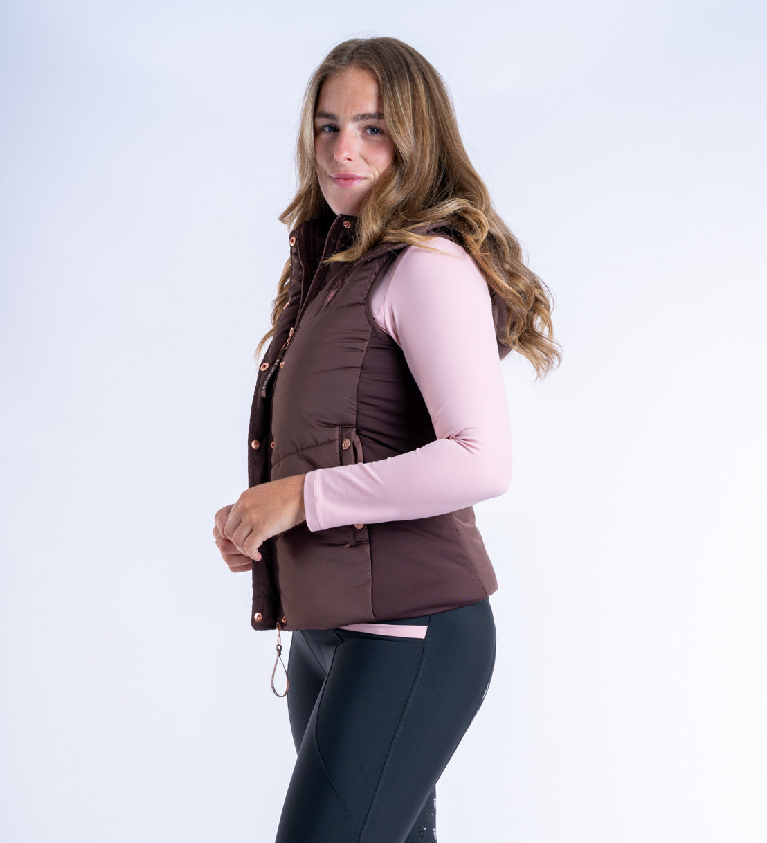 Blackfort Equestrian womens chocolate brown rose gold Amara gilet two way zip hood