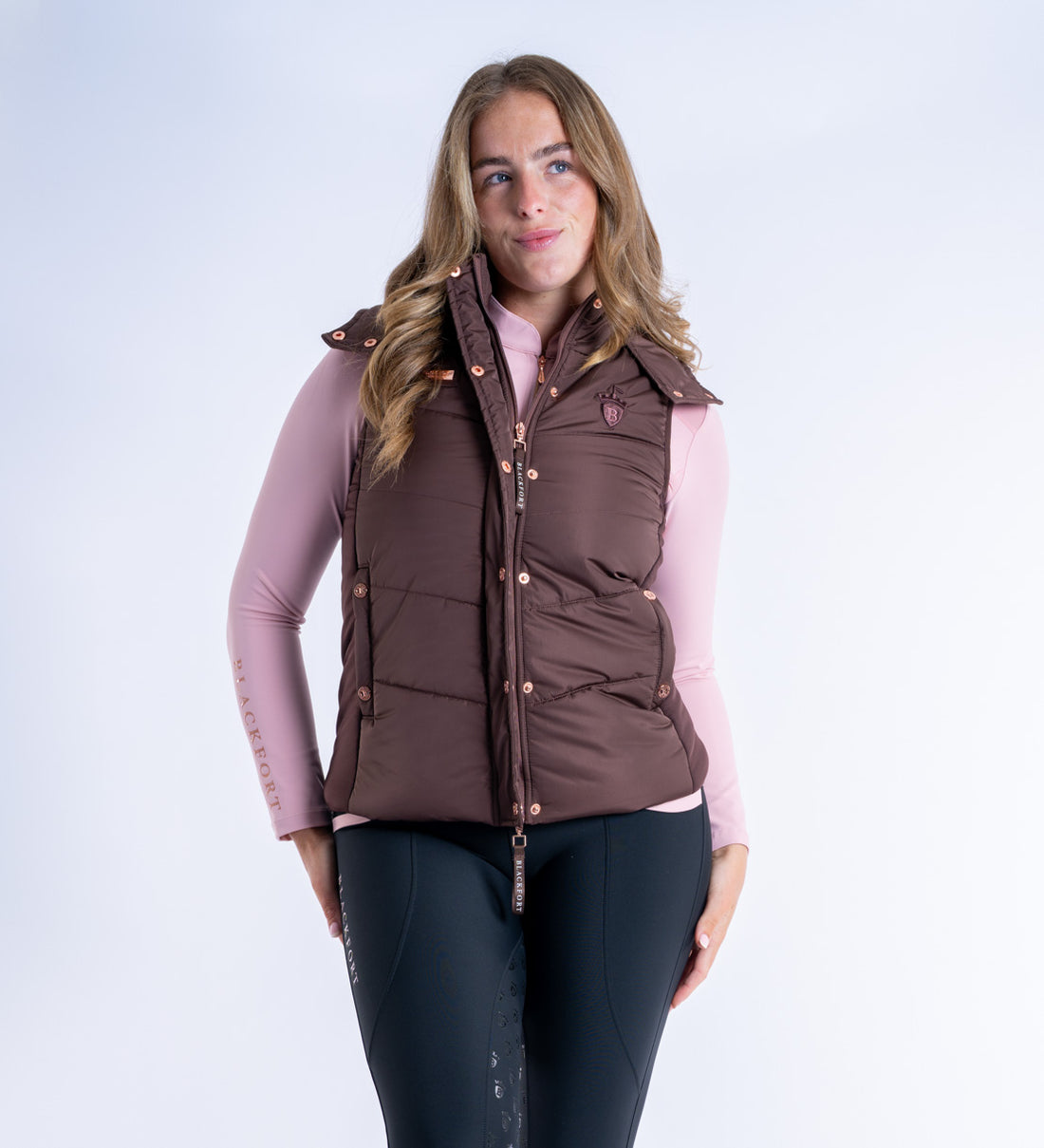 Blackfort Equestrian womens chocolate brown rose gold Amara gilet two way zip hood