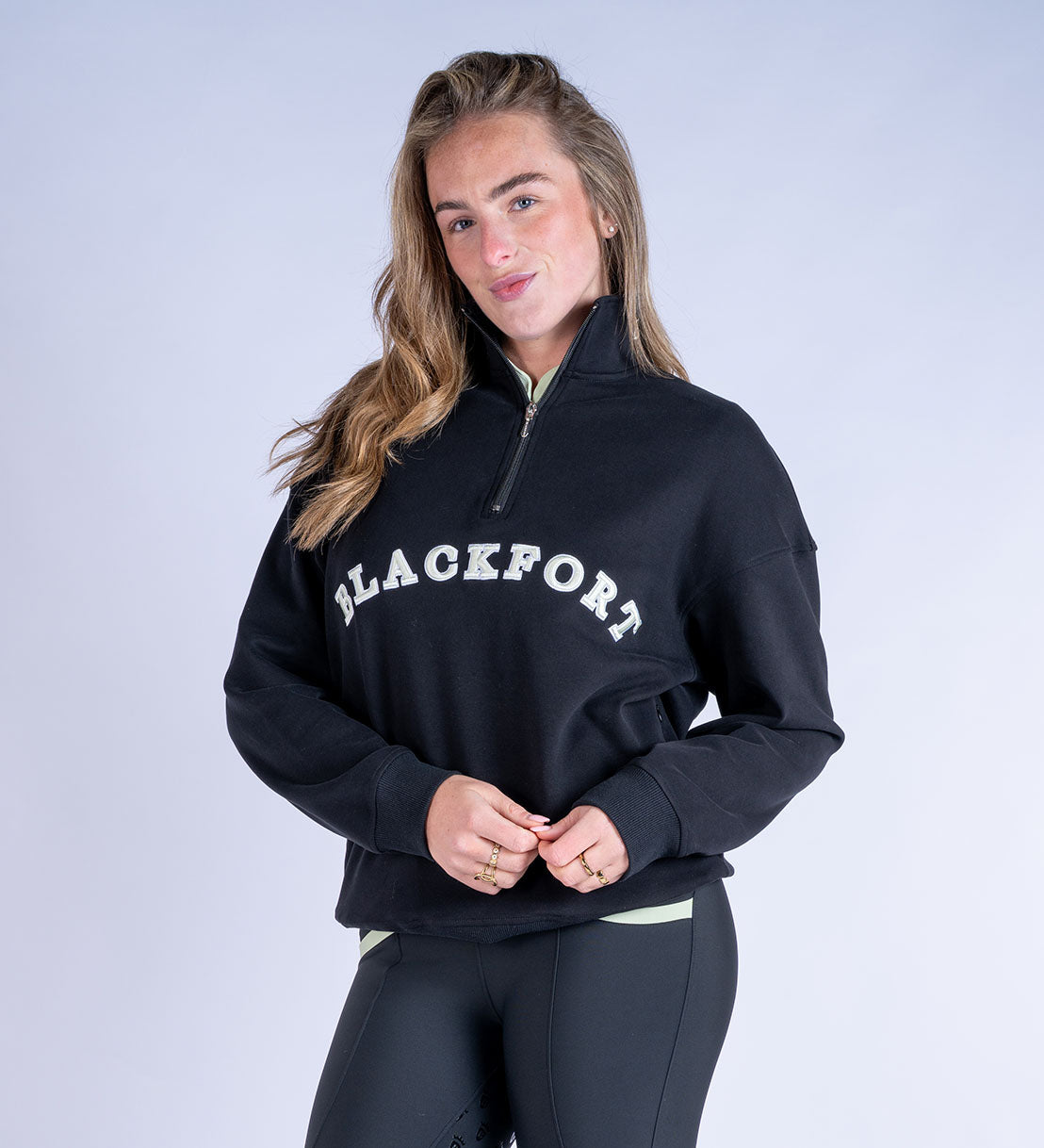 Blackfort Equestrian fleece lined quarter zip black and matcha green discreet zip pockets 