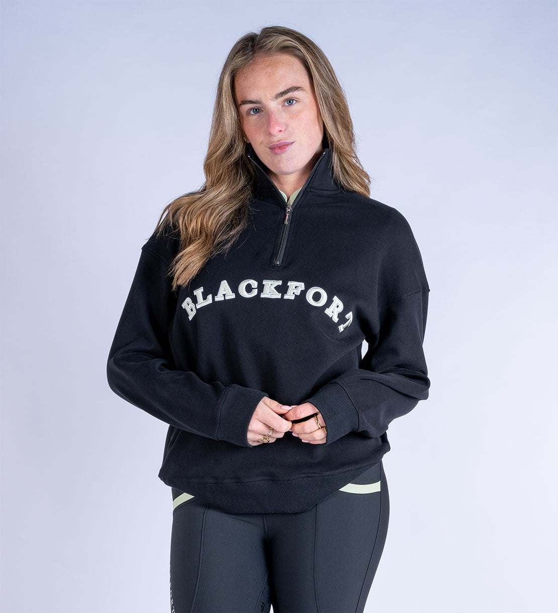 Blackfort Equestrian fleece lined quarter zip black and matcha green discreet zip pockets 