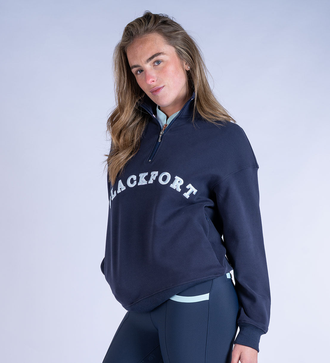 Blackfort Equestrian fleece lined quarter zip navy and sky blue discreet zip pockets 