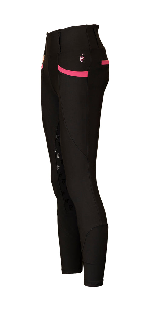 Women's Blackfort Equestrian riding tights black and rose pink phone pockets belt loops