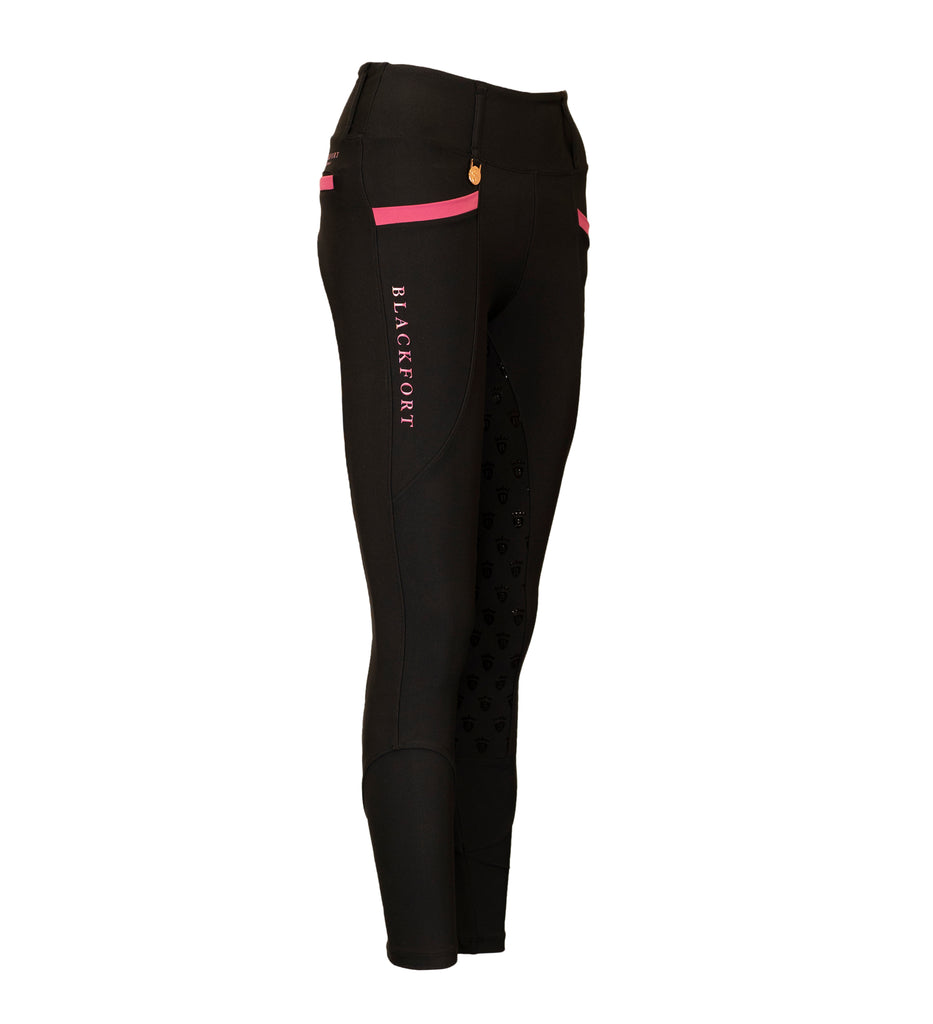Women's Blackfort Equestrian riding tights black and rose pink phone pockets belt loops