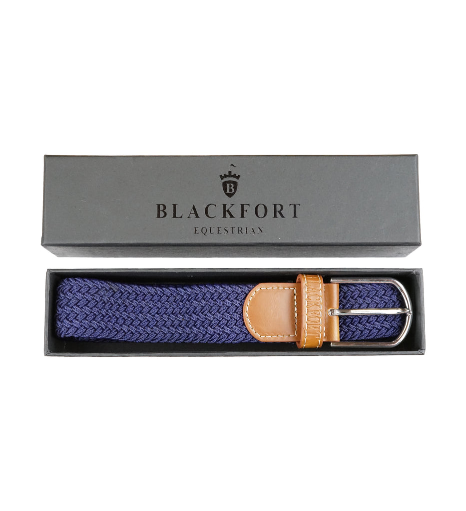 Blackfort Equestrian elasticated navy belt tan leather details boxed